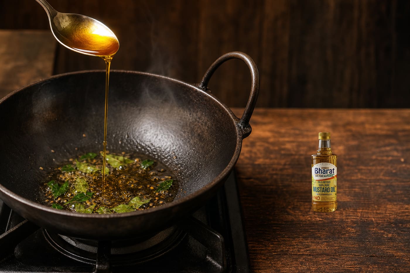 Steel spoon pouring amber mustard oil into a hot kadhai mid-tadka, mustard seeds and curry leaves just starting to crackle, close-up warm kitchen light