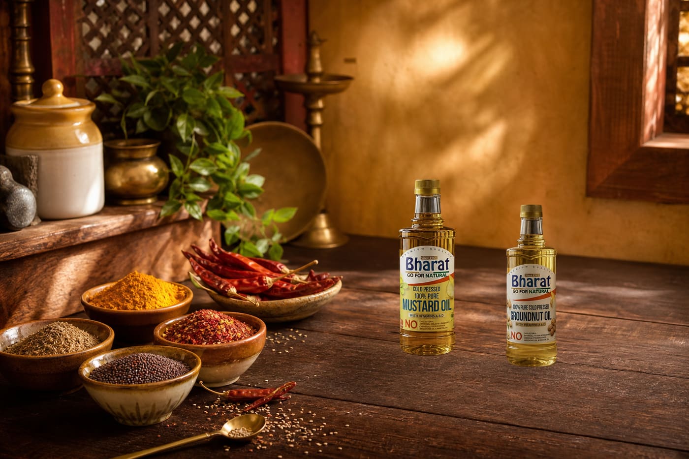 Overhead pantry still-life of amber Bharat oil bottles, dried red chillies, cumin, and mustard seeds on a rustic dark wood shelf, cream linen backdrop, soft daylight
