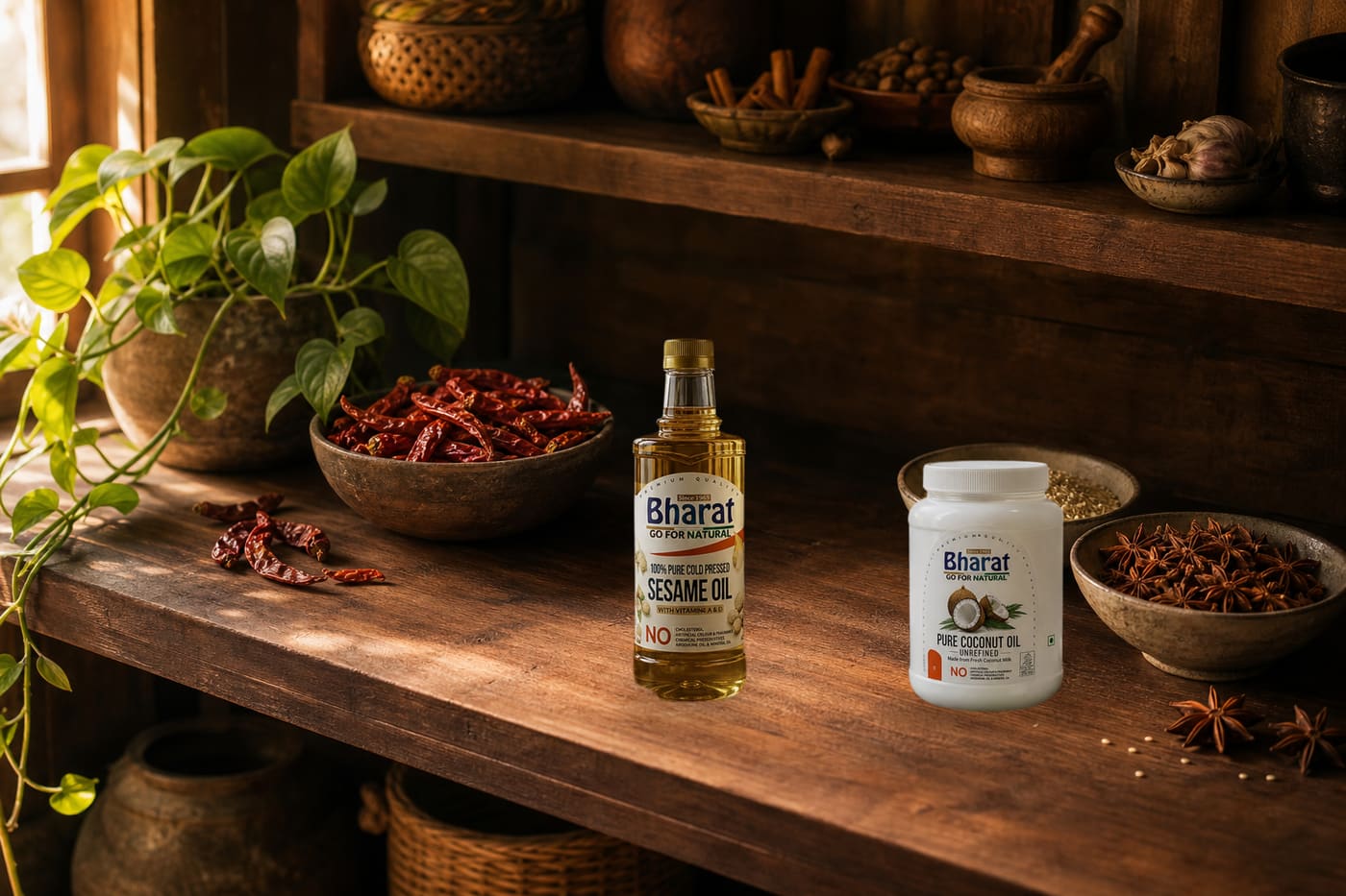 Amber glass oil bottles on a rustic wooden spice shelf beside small steel bowls of sesame seed, dried chillies, and whole spices, deep amber and cream tones, editorial food photography