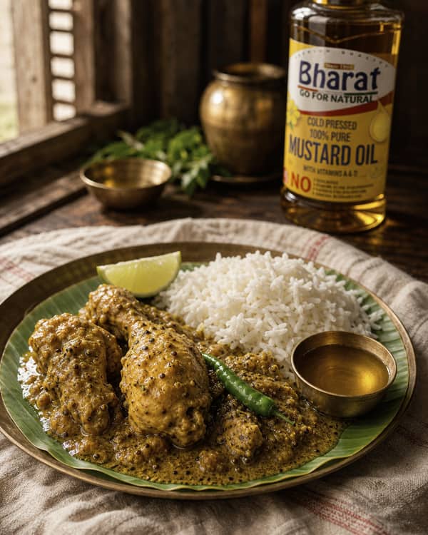 Shorshe chicken served with rice and Bharat mustard oil