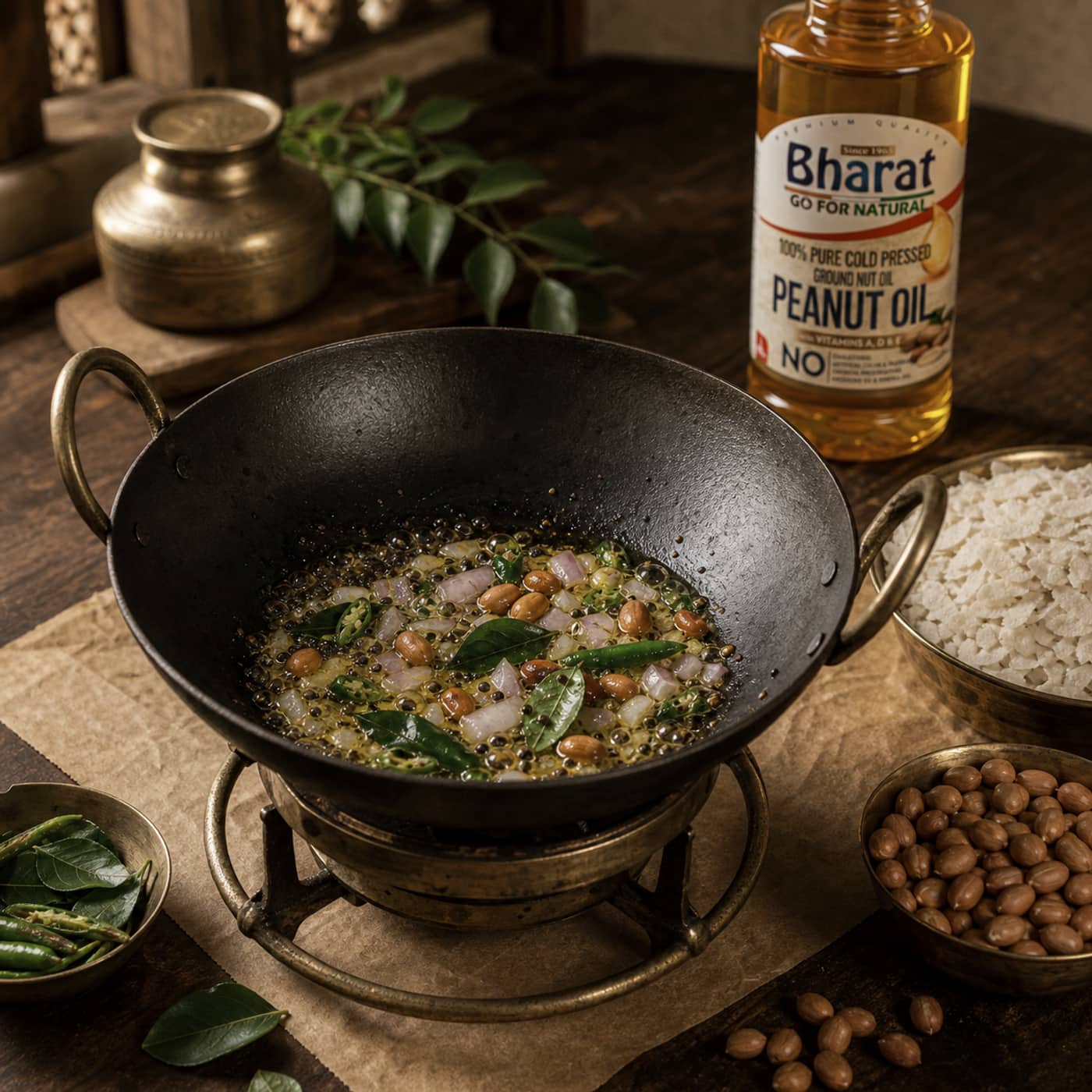Peanuts and curry leaves temper in Bharat groundnut oil