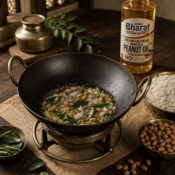 Peanuts and curry leaves temper in Bharat groundnut oil