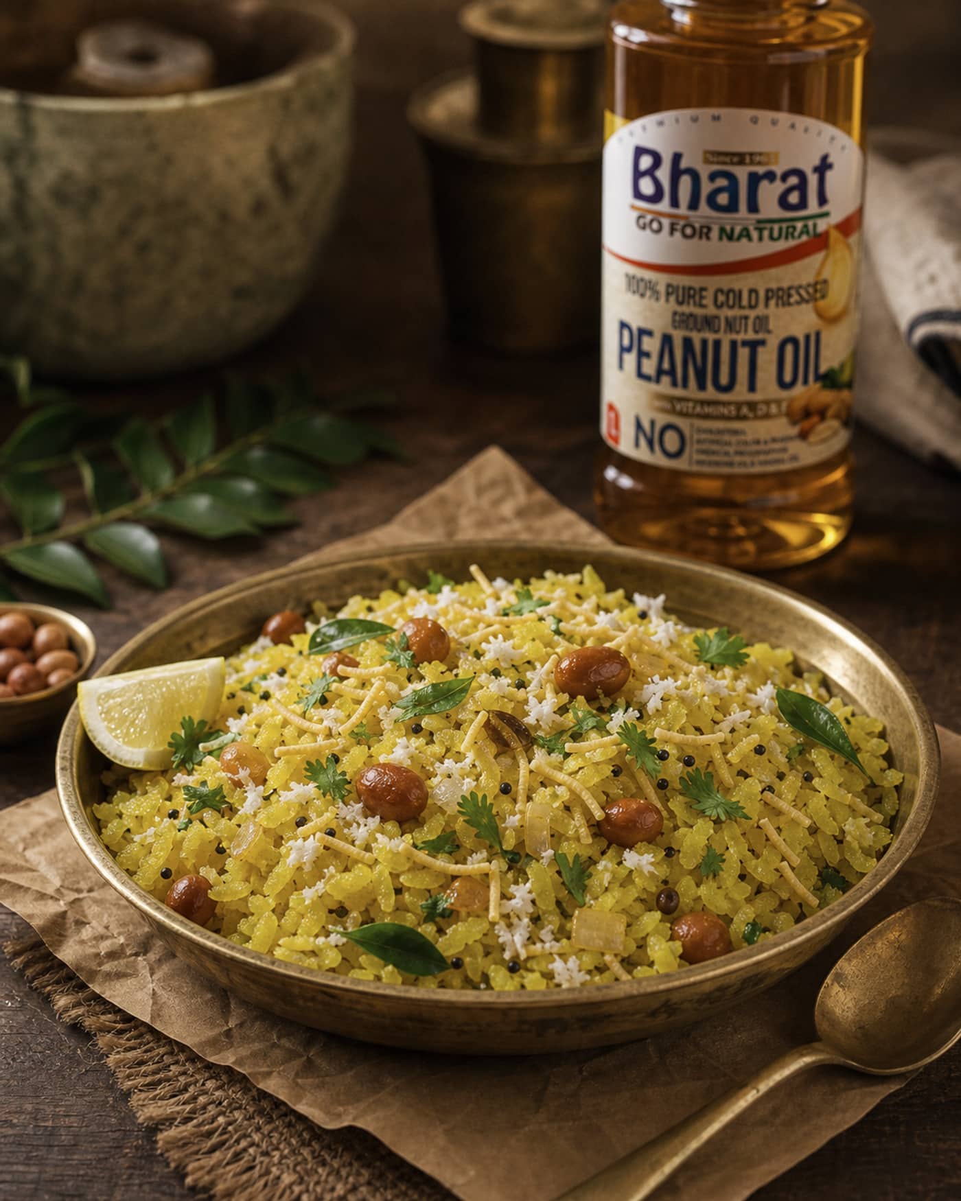 Breakfast poha served with lemon and Bharat groundnut oil