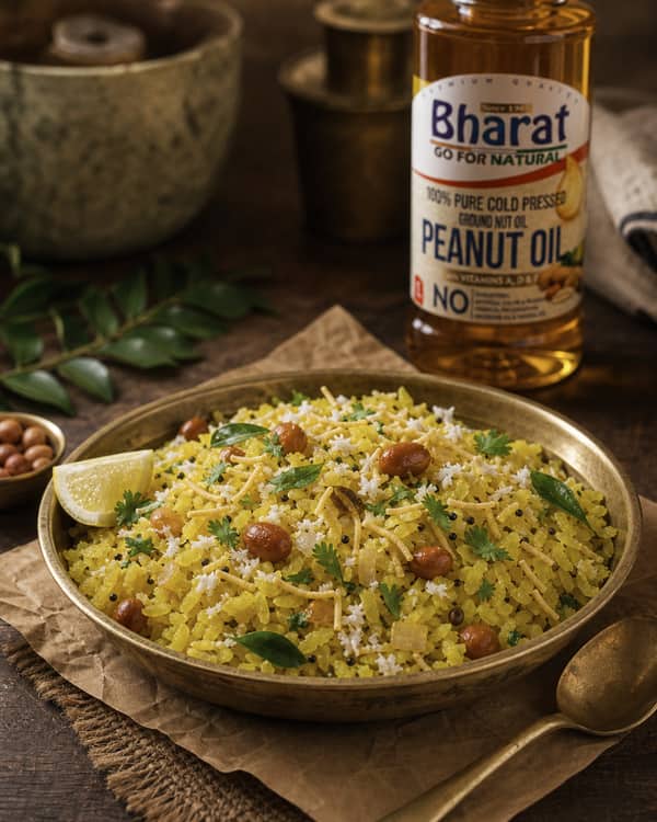 Breakfast poha served with lemon and Bharat groundnut oil