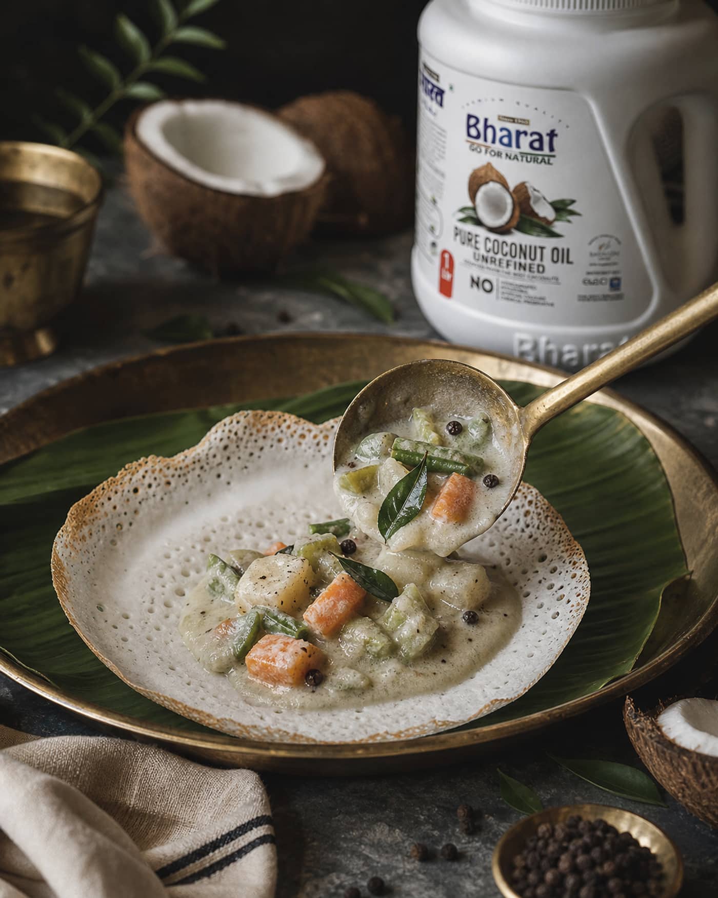 Appam served with coconut stew and Bharat coconut oil