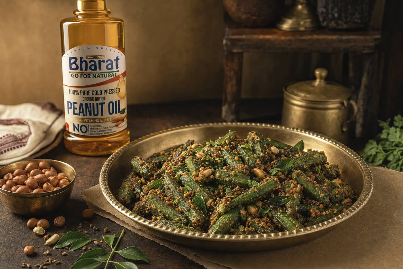 Peanut masala bhindi with Bharat groundnut oil on the table