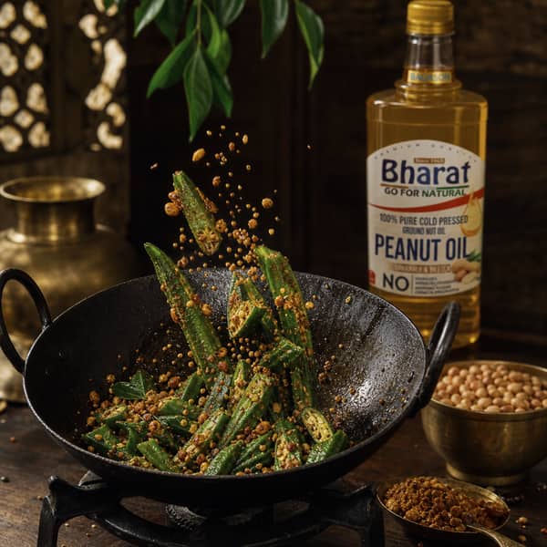 Bhindi fries in Bharat groundnut oil with curry leaves