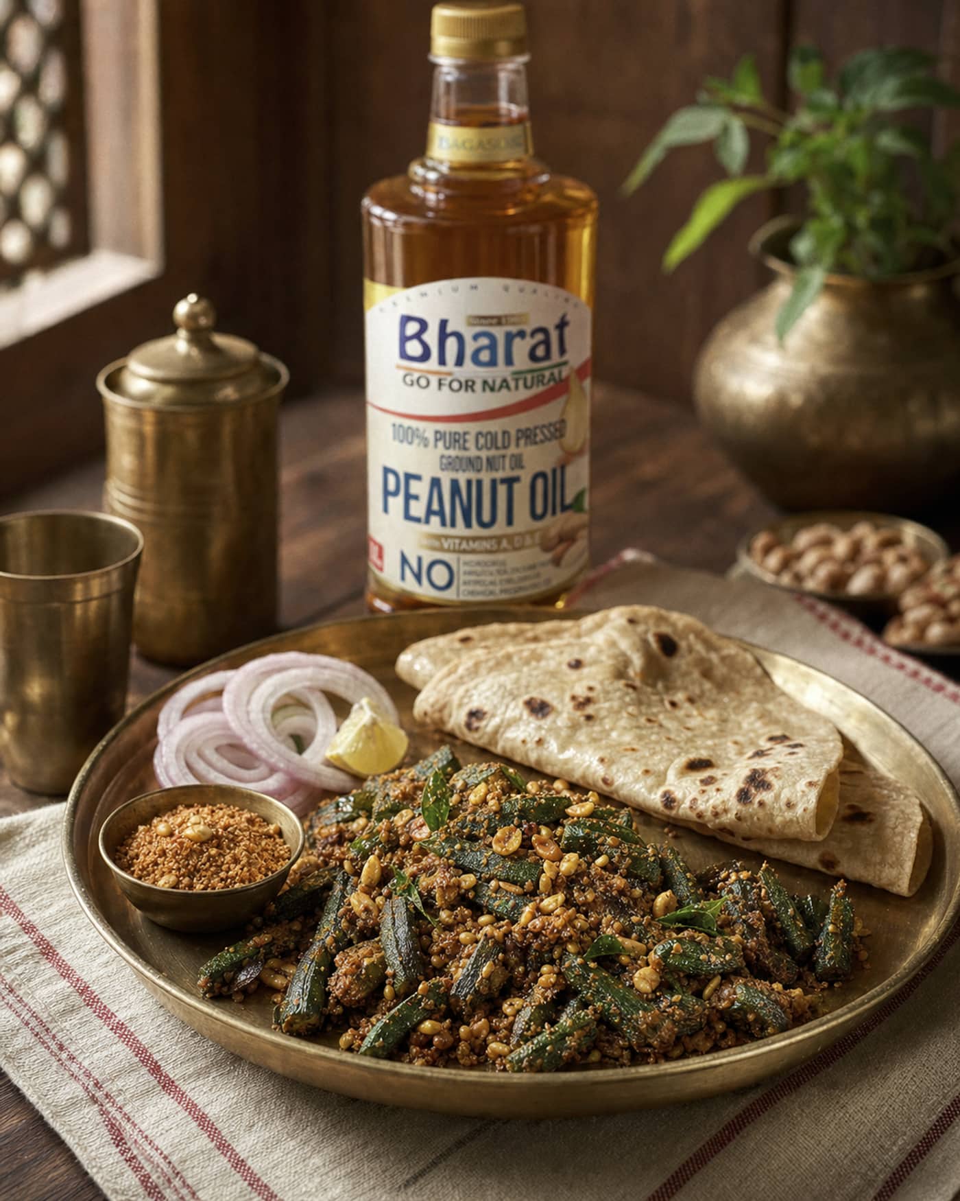 Crisp peanut bhindi served with phulka and Bharat groundnut oil