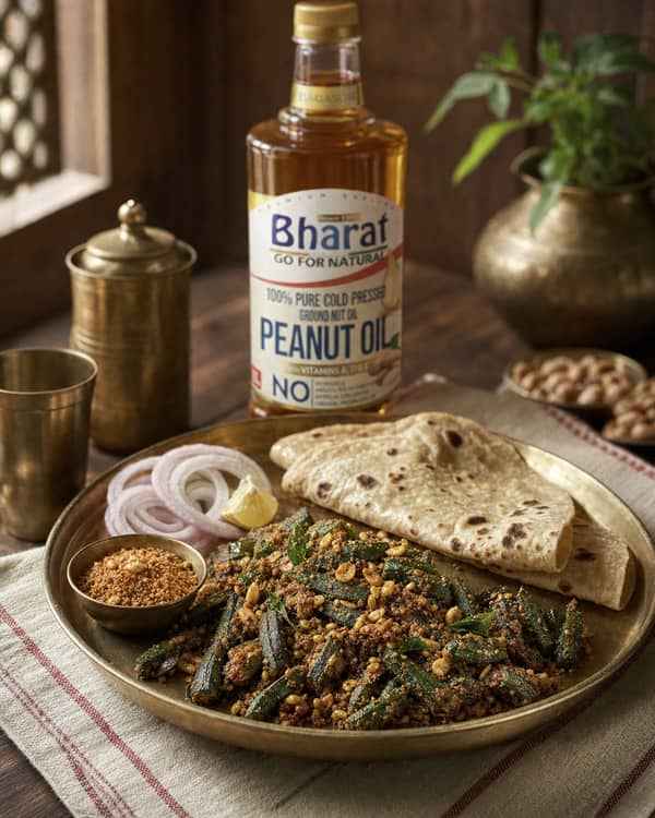 Crisp peanut bhindi served with phulka and Bharat groundnut oil