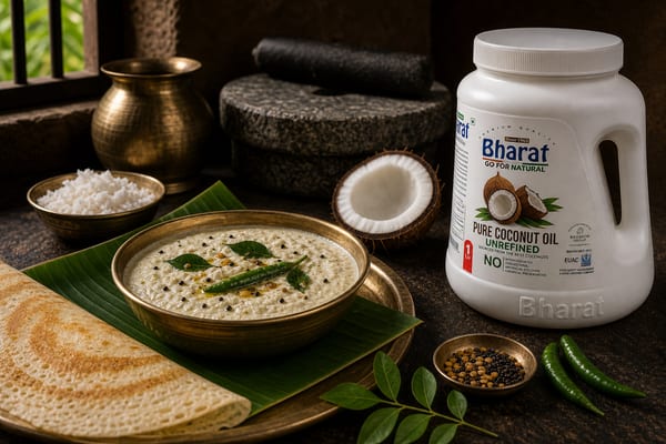 Coconut chutney and dosa with Bharat coconut oil jar