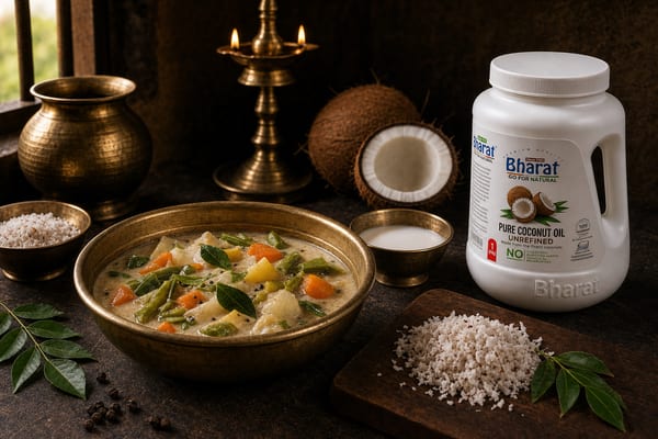 Kerala vegetable stew with Bharat coconut oil jar and fresh coconut prep