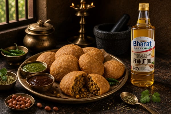 Crispy kachoris with Bharat groundnut oil bottle and chutneys