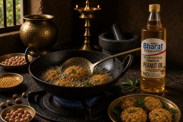 Masala vada frying in a kadhai beside Bharat groundnut oil bottle