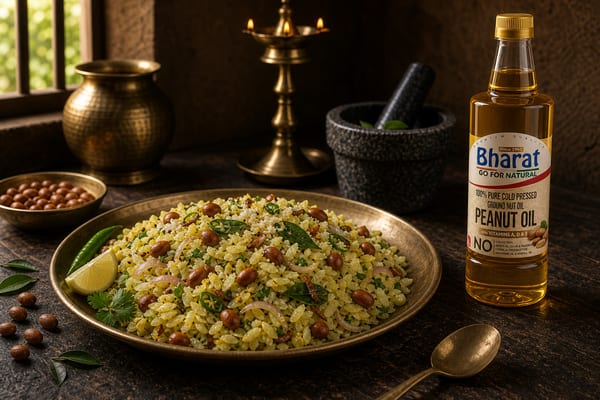 Kanda poha with roasted peanuts and Bharat groundnut oil bottle