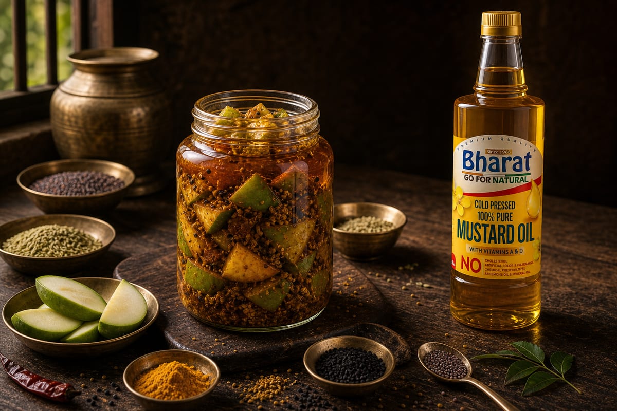 Raw mango achaar jar with Bharat mustard oil bottle and spices