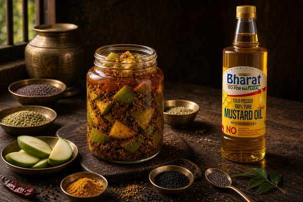 Raw mango achaar jar with Bharat mustard oil bottle and spices