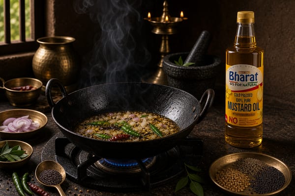 Smoky kadhai tadka with Bharat mustard oil bottle beside the stove