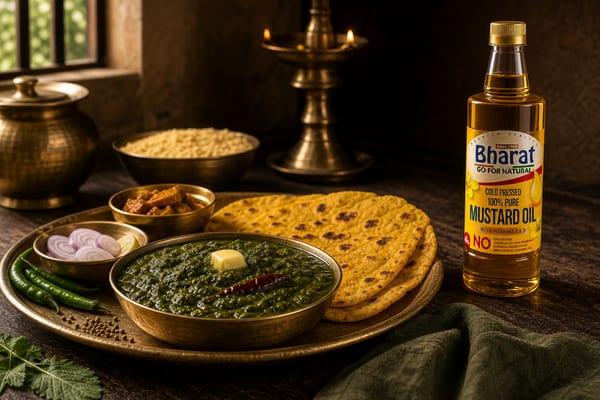 Sarson da saag and makki roti with Bharat mustard oil bottle