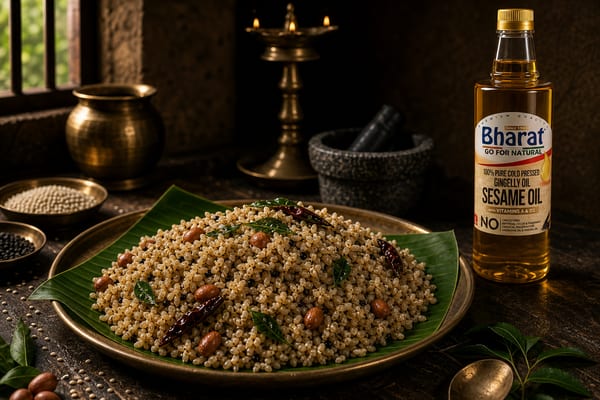South Indian sesame rice served with Bharat sesame oil bottle beside the dish