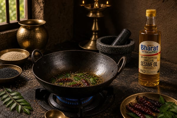Bharat sesame oil beside a kadai tempering curry leaves and sesame seeds