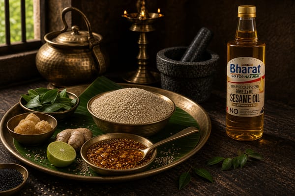 Sesame and ginger prep tray with Bharat sesame oil bottle