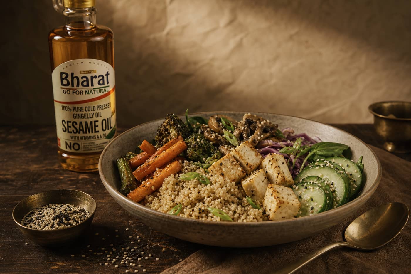 Millet bowl with Bharat sesame oil and toasted til dressing