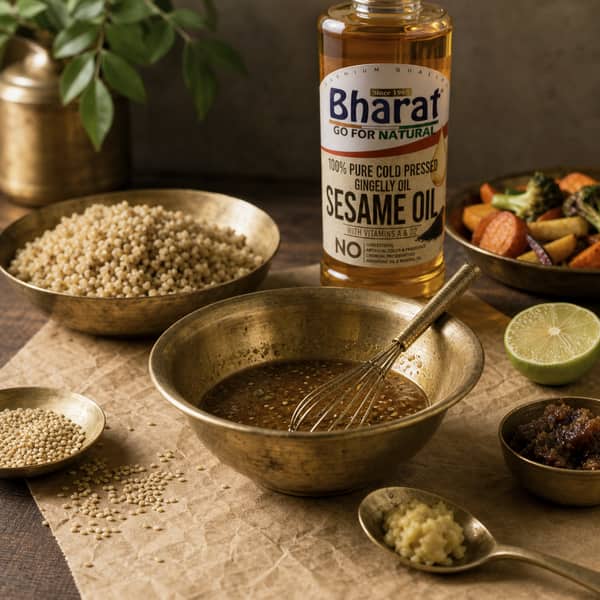 Sesame ginger dressing whisked with Bharat sesame oil