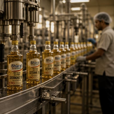 Bharat Oils bottles moving through a clean filling line