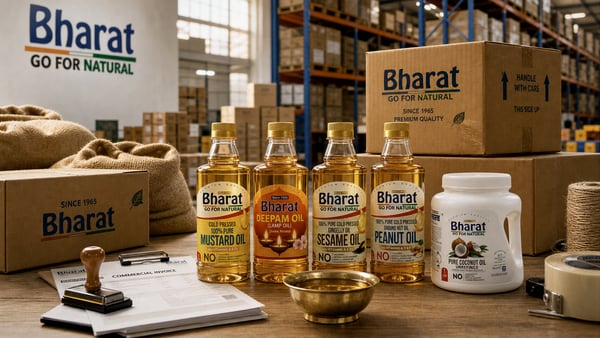 Bharat Oils export invoice and cartons on warehouse table
