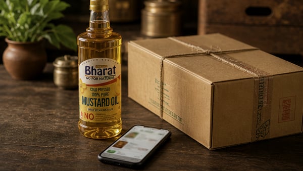 Bharat Mustard Oil bottle beside parcel and ordering phone