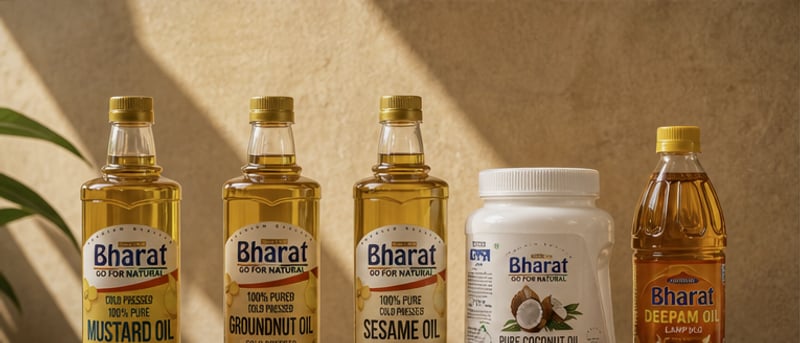 Five Bharat Oils bottles lined up as a family range