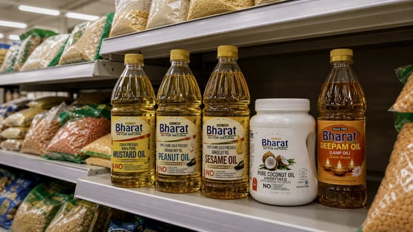 Bharat Oils bottles lined up on a UAE hypermarket shelf